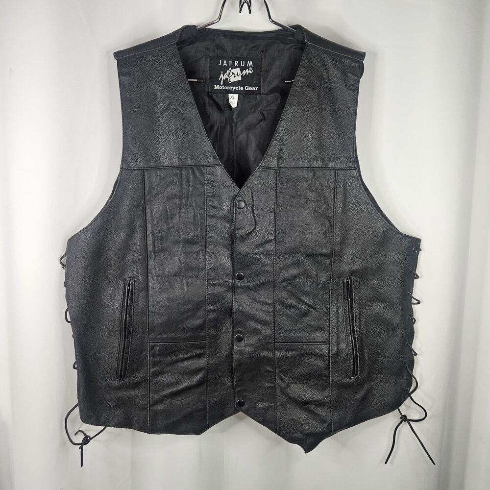 Jafrum Motorcycle Biker Black Leather Vest Side Laces Mens XL Inner Zip Pockets